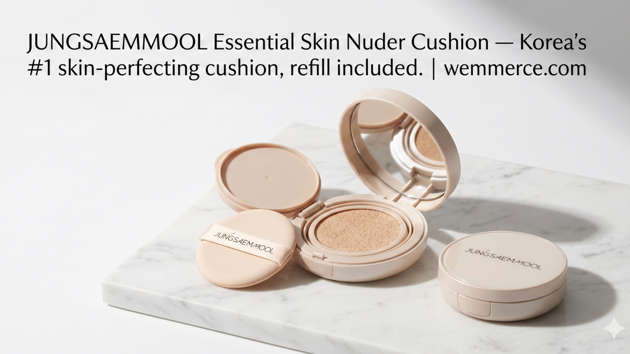 JUNGSAEMMOOL Essential Skin Nuder Cushion open compact on marble surface — hero product shot