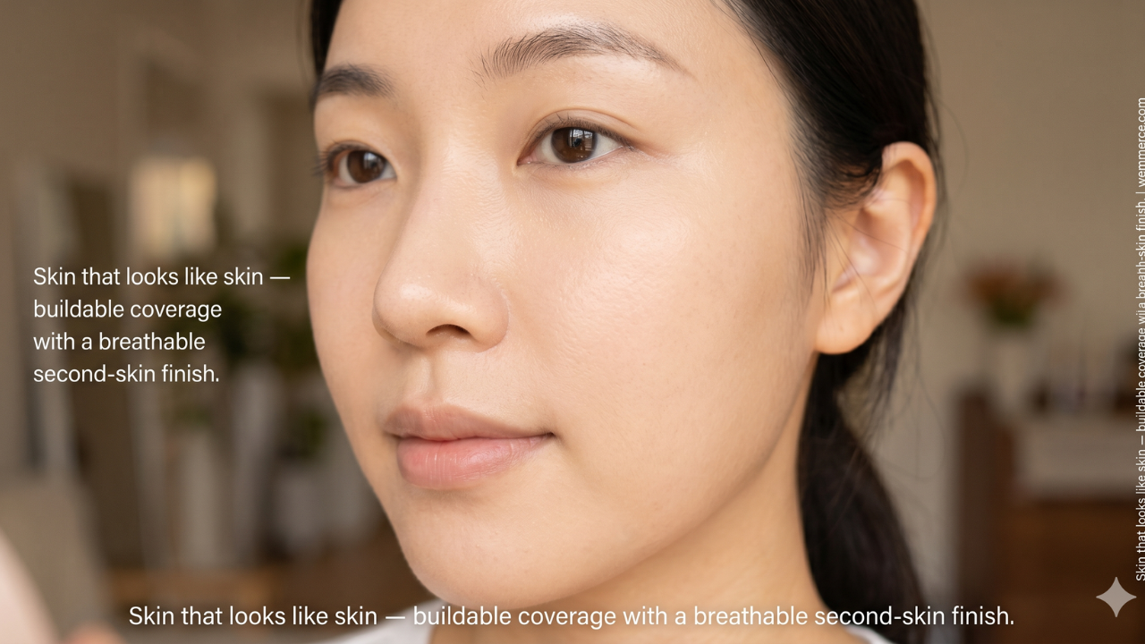Close-up of radiant glowing skin after applying JUNGSAEMMOOL Nuder Cushion — dewy second-skin finish