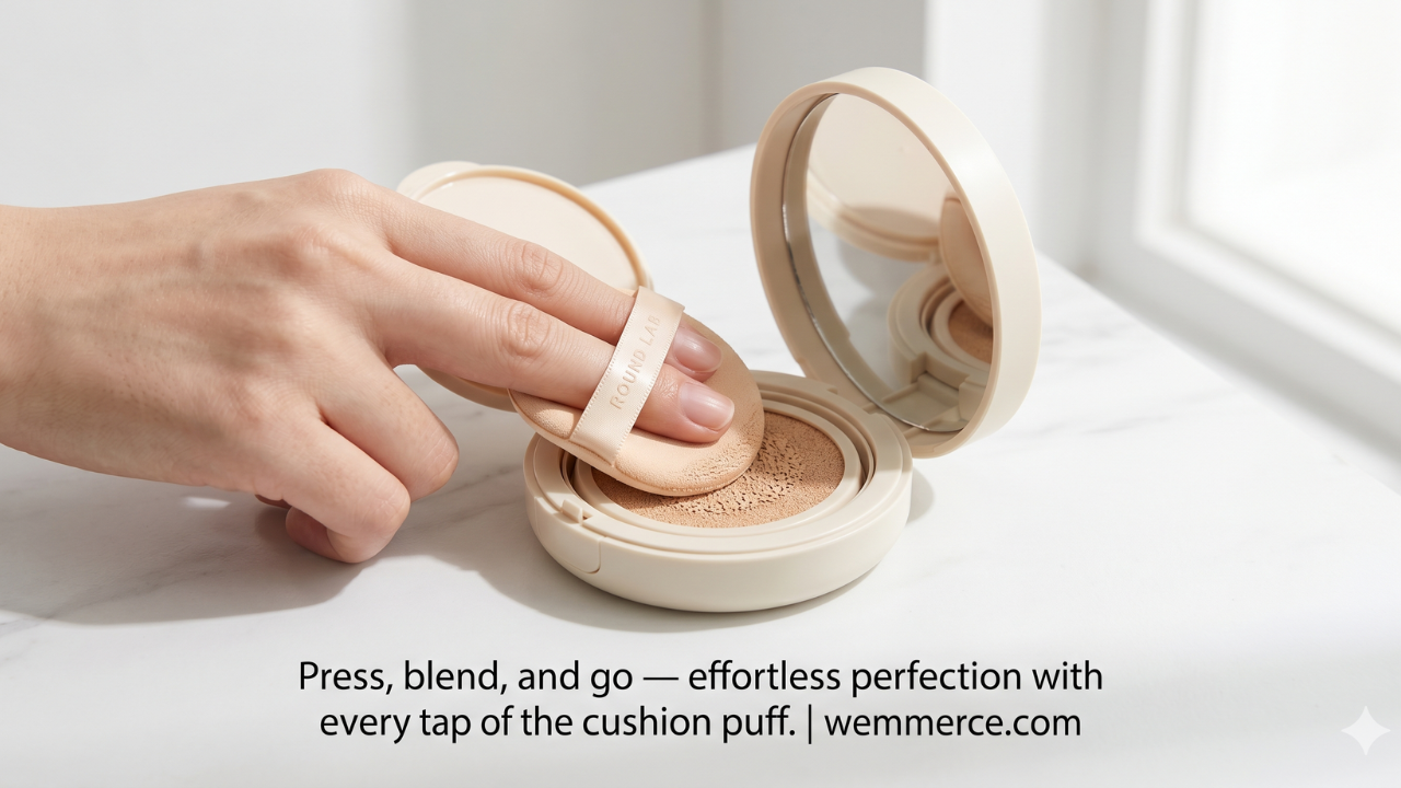 Macro close-up of JUNGSAEMMOOL cushion puff applying cream-beige formula — product transfer shot
