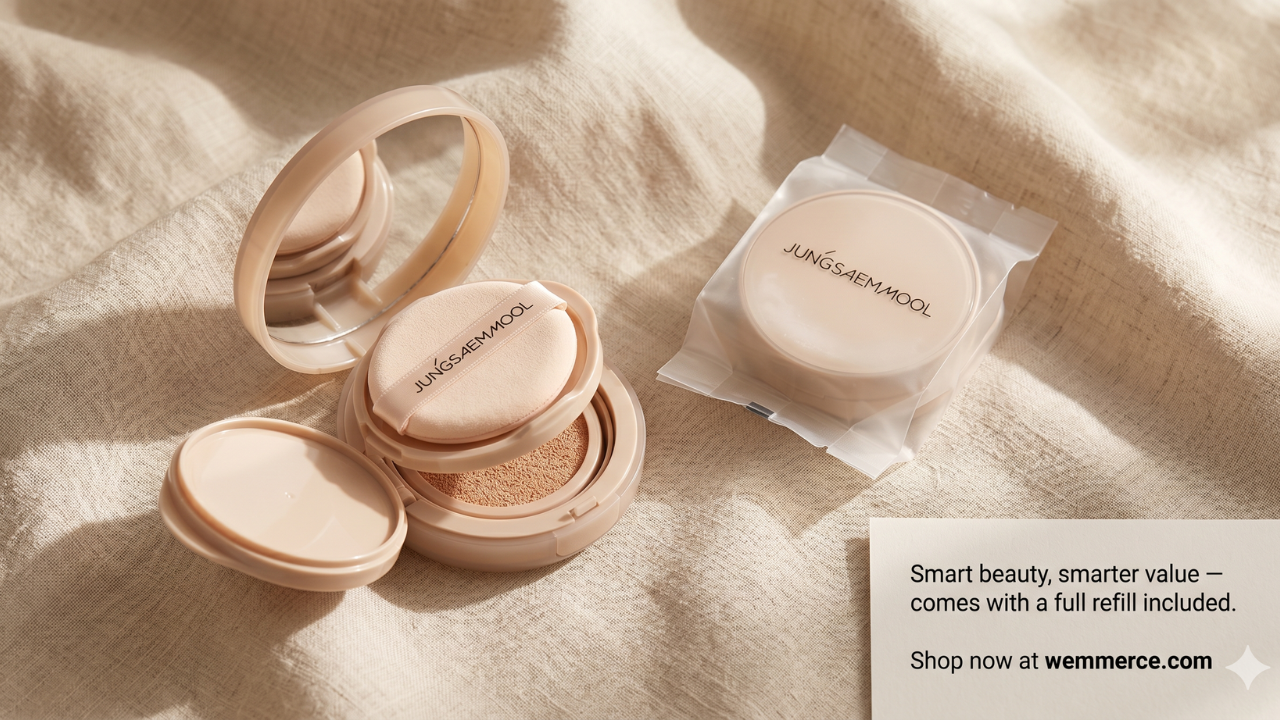Two JUNGSAEMMOOL cushion compacts with refill pack on beige linen — K-beauty lifestyle flat lay